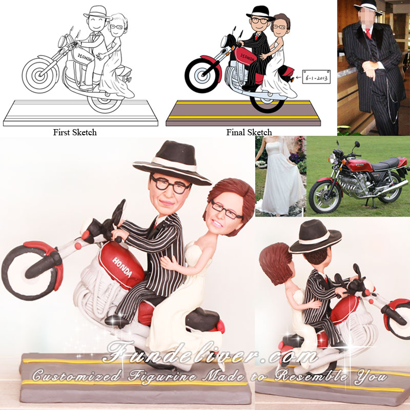 Bride and Groom Pop A Wheelie Motorcycle Cake Toppers